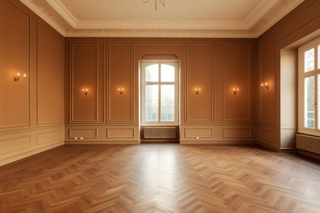 A modern, empty room with hardwood flooring.