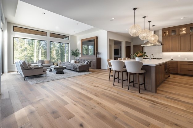 Luxurious living room interior with a hardwood flooring installed.