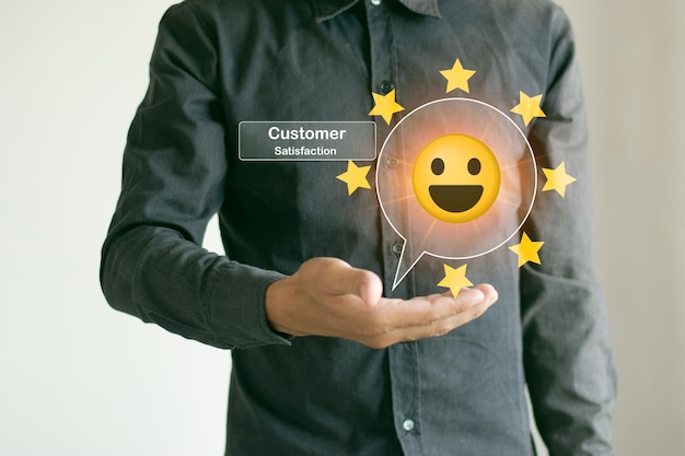 Image of a man with a happy face emoji, representing maximum satisfaction with the service of a company's sustainable commercial construction practices.