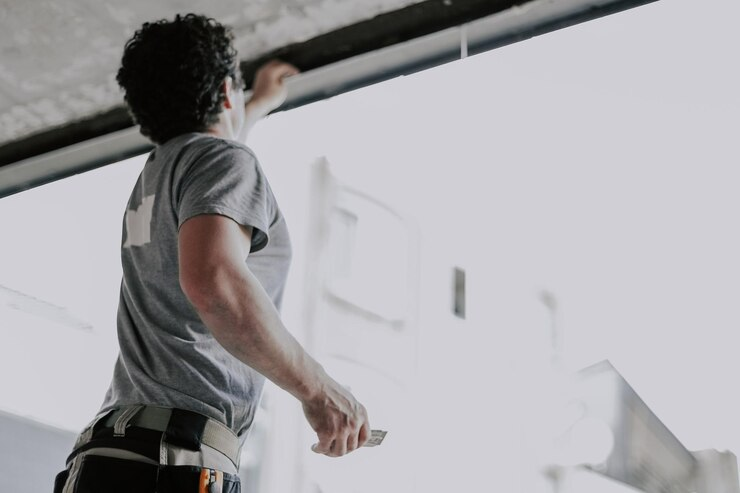 A male construction professional, cleaning a post-construction window, representing the importance of choosing between commercial remodeling vs. new construction.