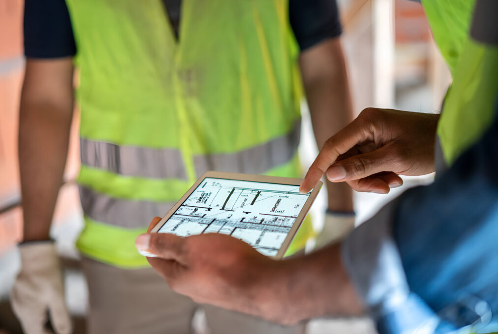 Construction contractors review plans on a digital tablet, promoting open communication to avoid delays in commercial construction.