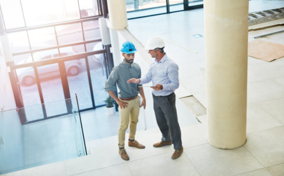 Specialized commercial contractors inspecting a building.