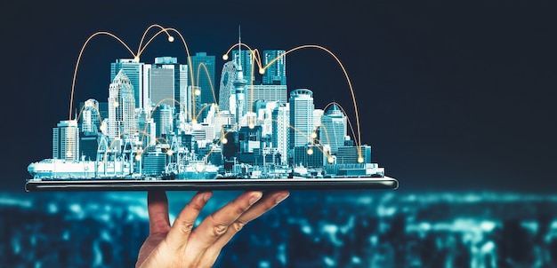 Image of lines connecting a smart city through trends in commercial construction.